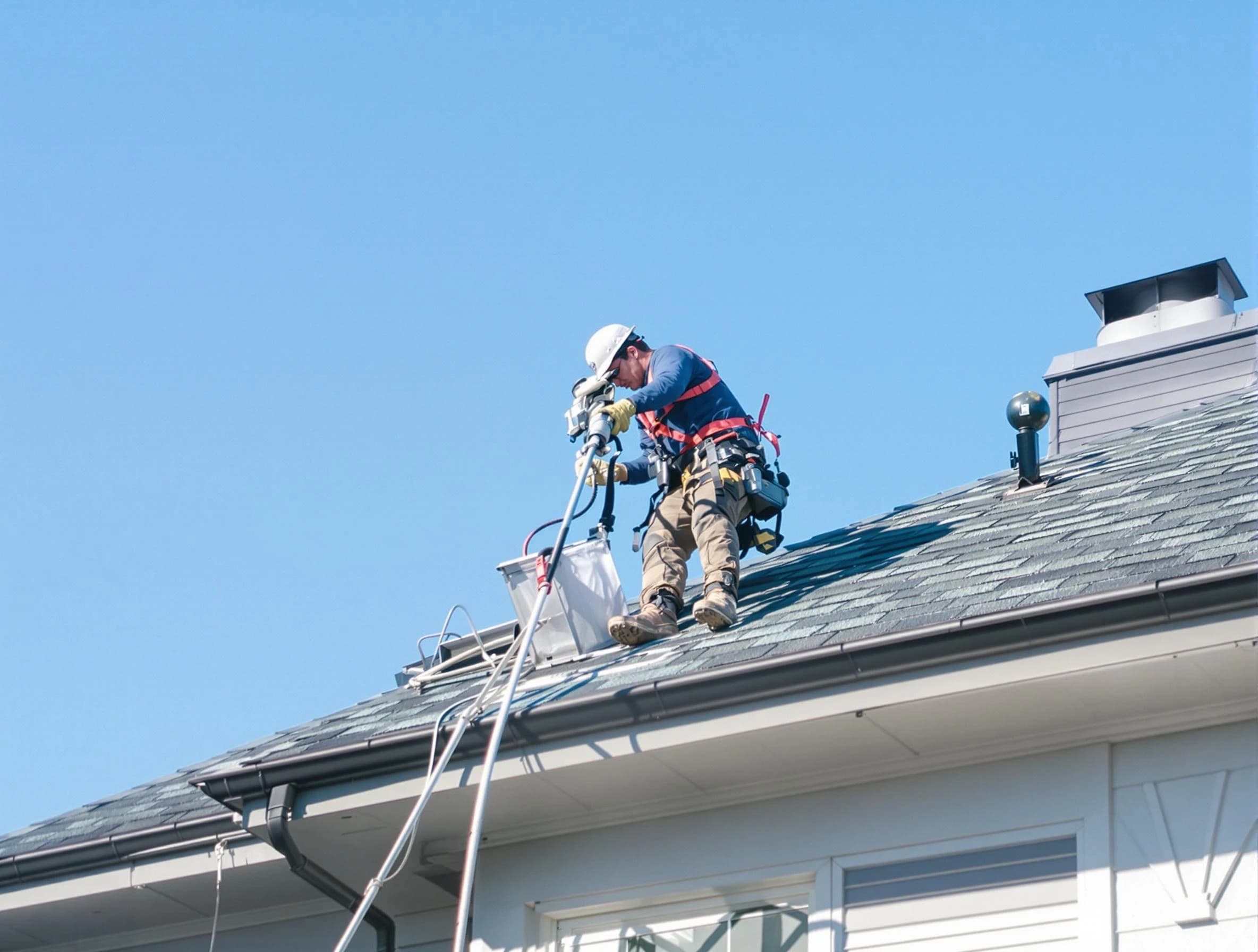 Ontario Dryer Vent Cleaning certified technician cleaning a roof-mounted dryer vent system in Ontario