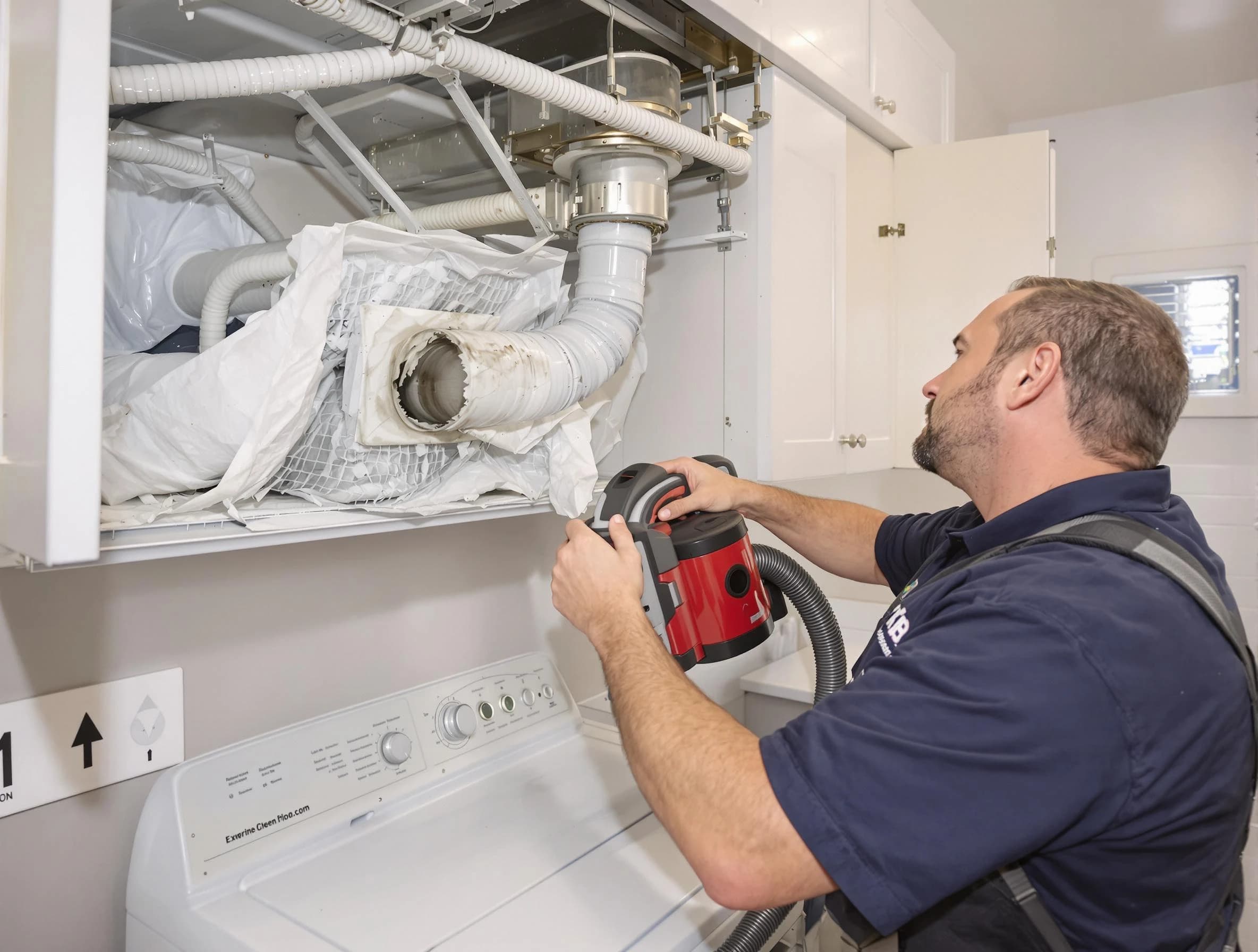 Ontario Dryer Vent Cleaning technician performing professional exhaust vent cleaning at a residential property in Ontario