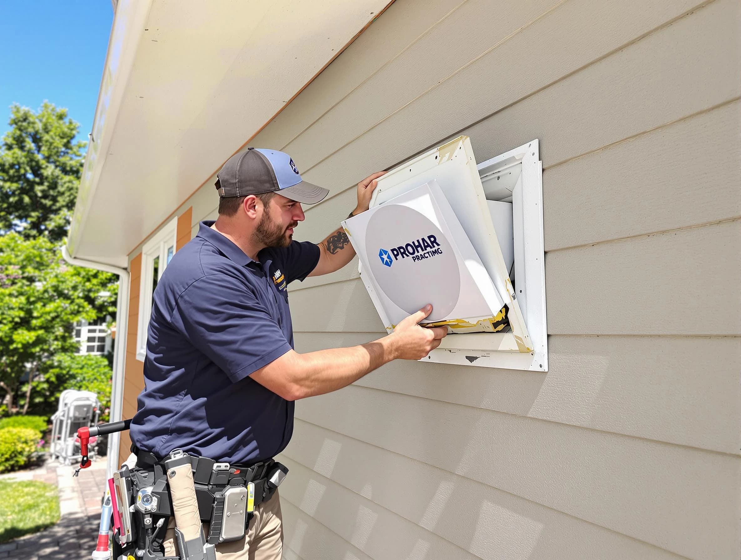 Ontario Dryer Vent Cleaning technician installing a new protective dryer vent cover on a home in Ontario
