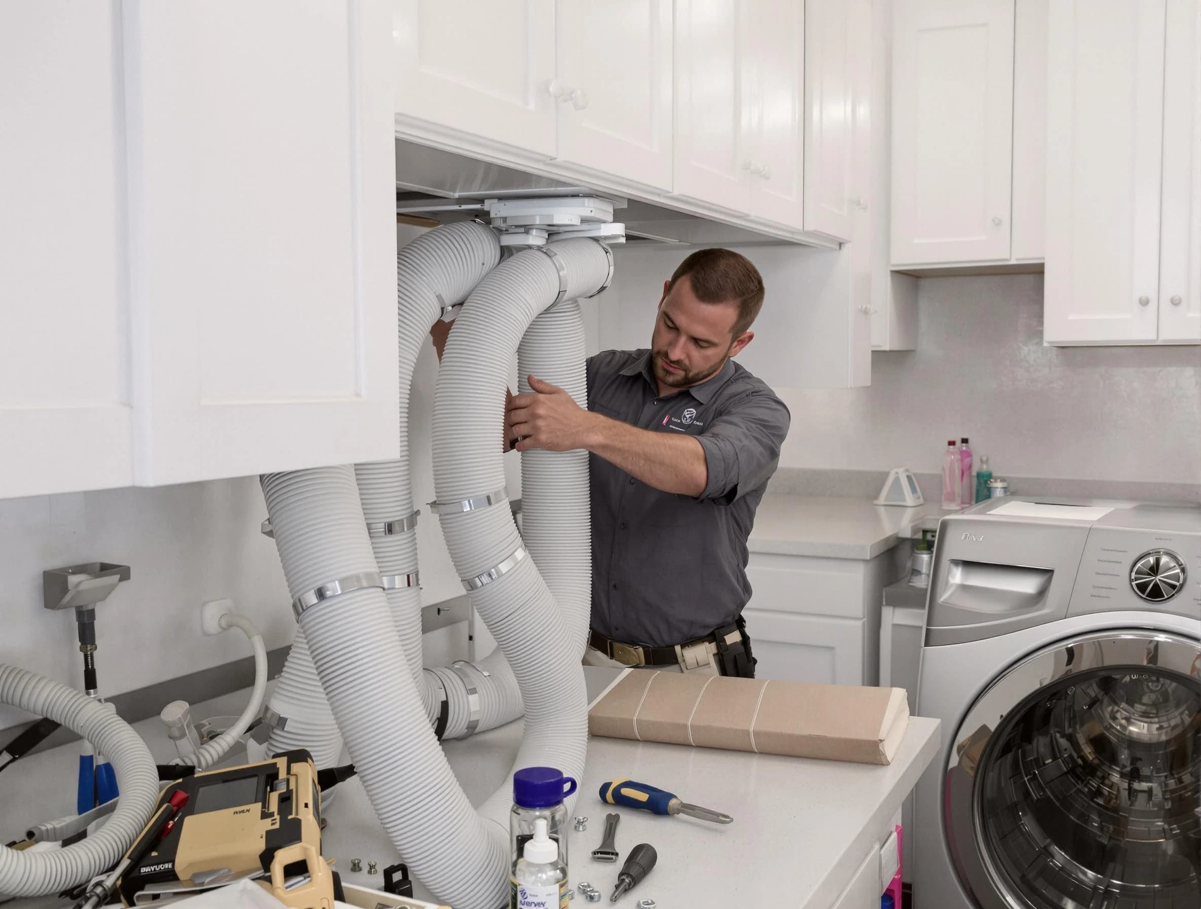Ontario Dryer Vent Cleaning technician installing a new professional-grade dryer vent hose in Ontario