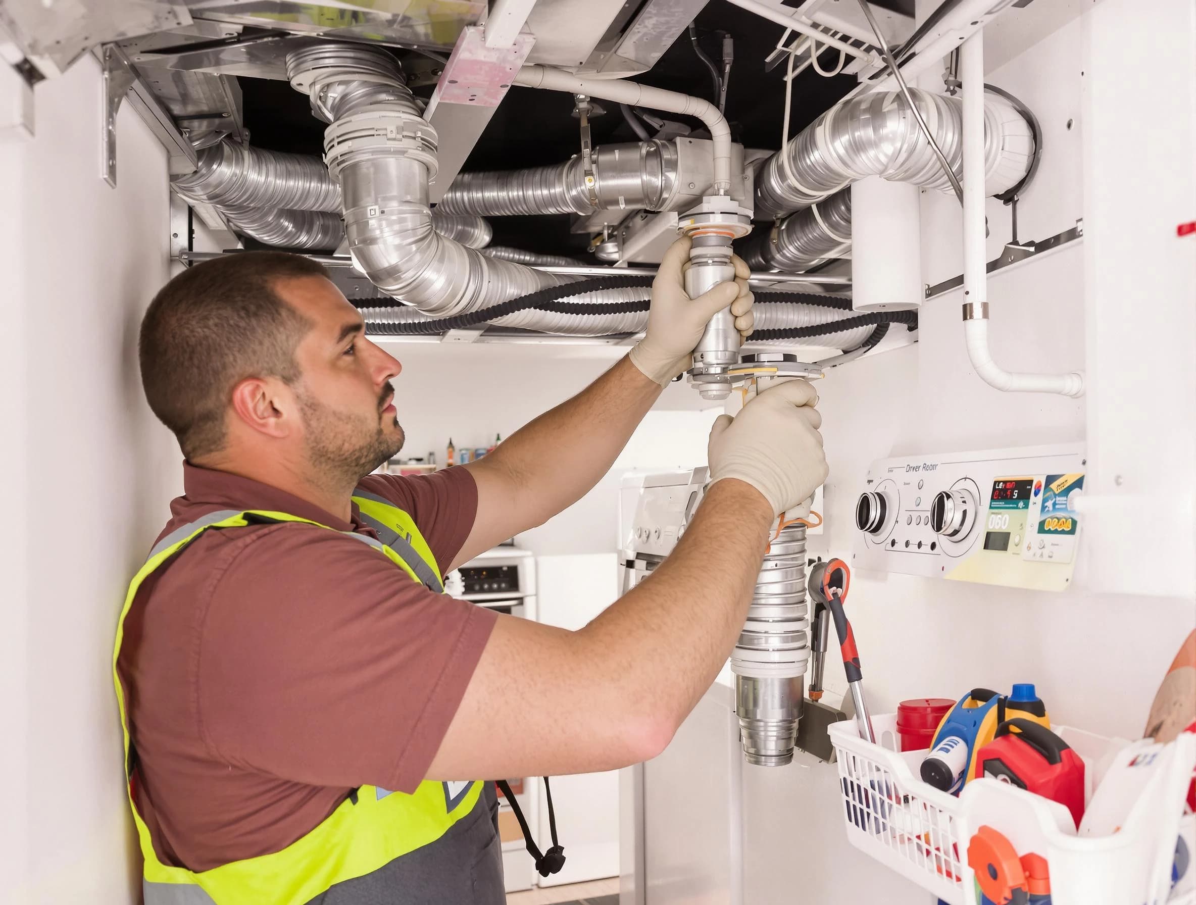 Ontario Dryer Vent Cleaning expert performing both repair and installation work on a dryer vent system in Ontario
