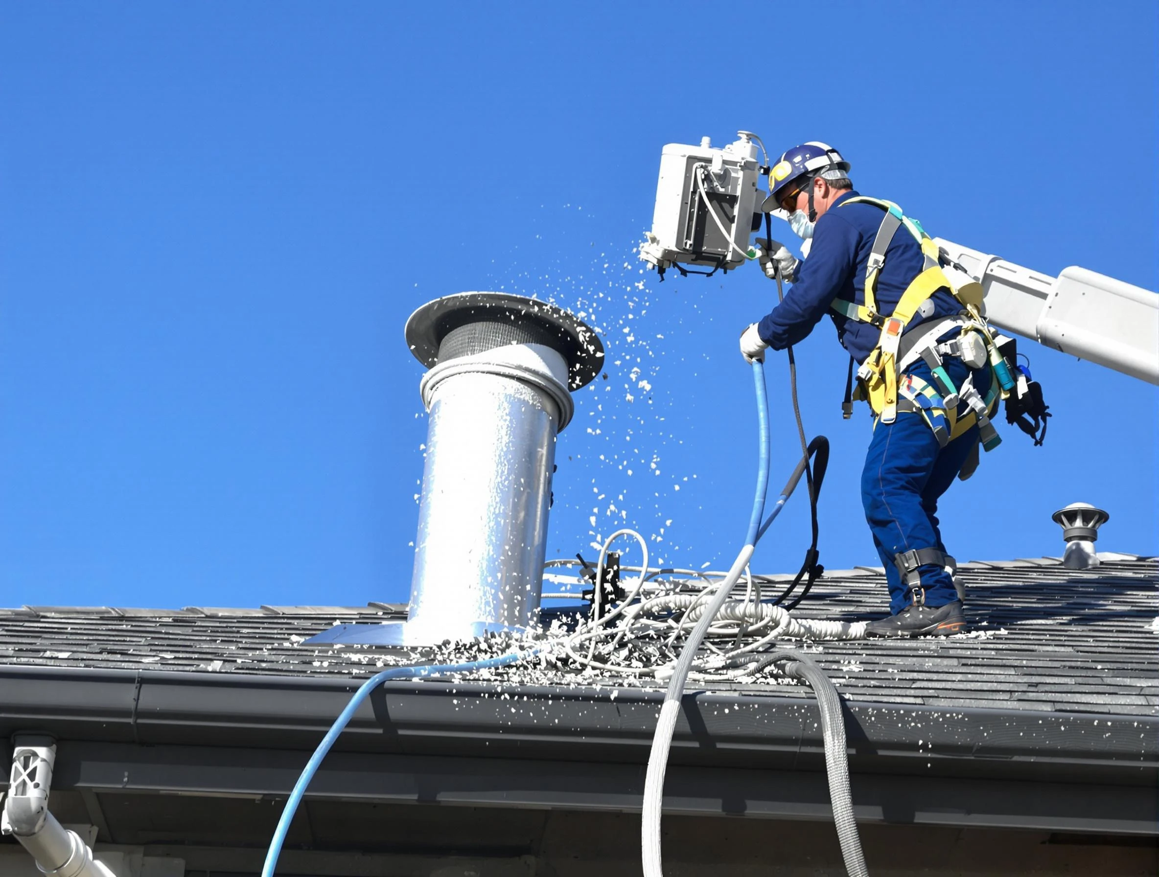Ontario Dryer Vent Cleaning certified technician safely cleaning a roof-mounted dryer vent in Ontario