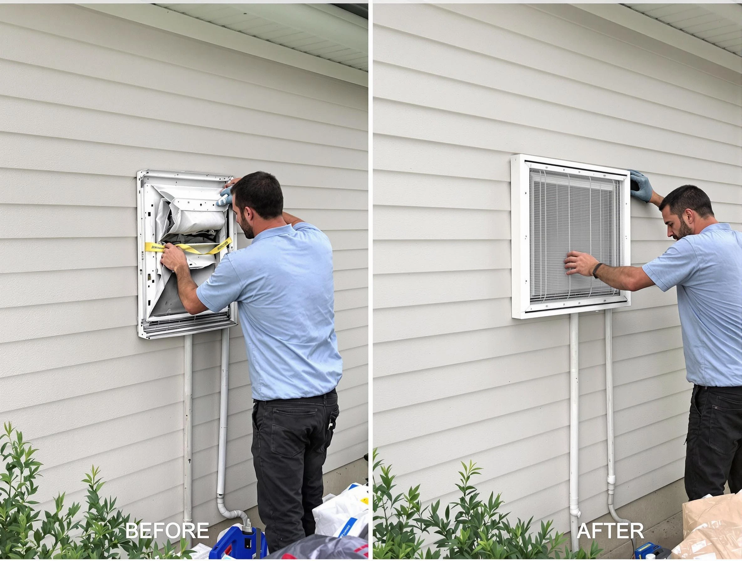 Ontario Dryer Vent Cleaning technician installing high-quality dryer vent cover at a residential property in Ontario